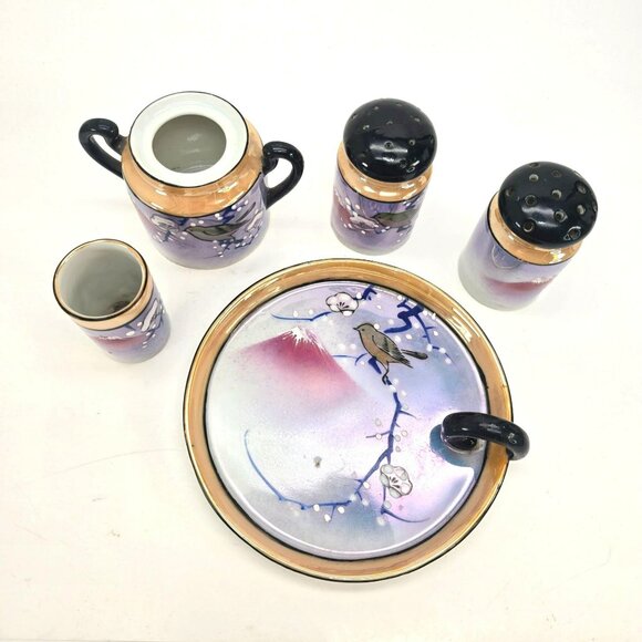 Vintage Japanese Lusterware Condiment Set With Bird Flower Mt Fuji Design je159 - Picture 6 of 9